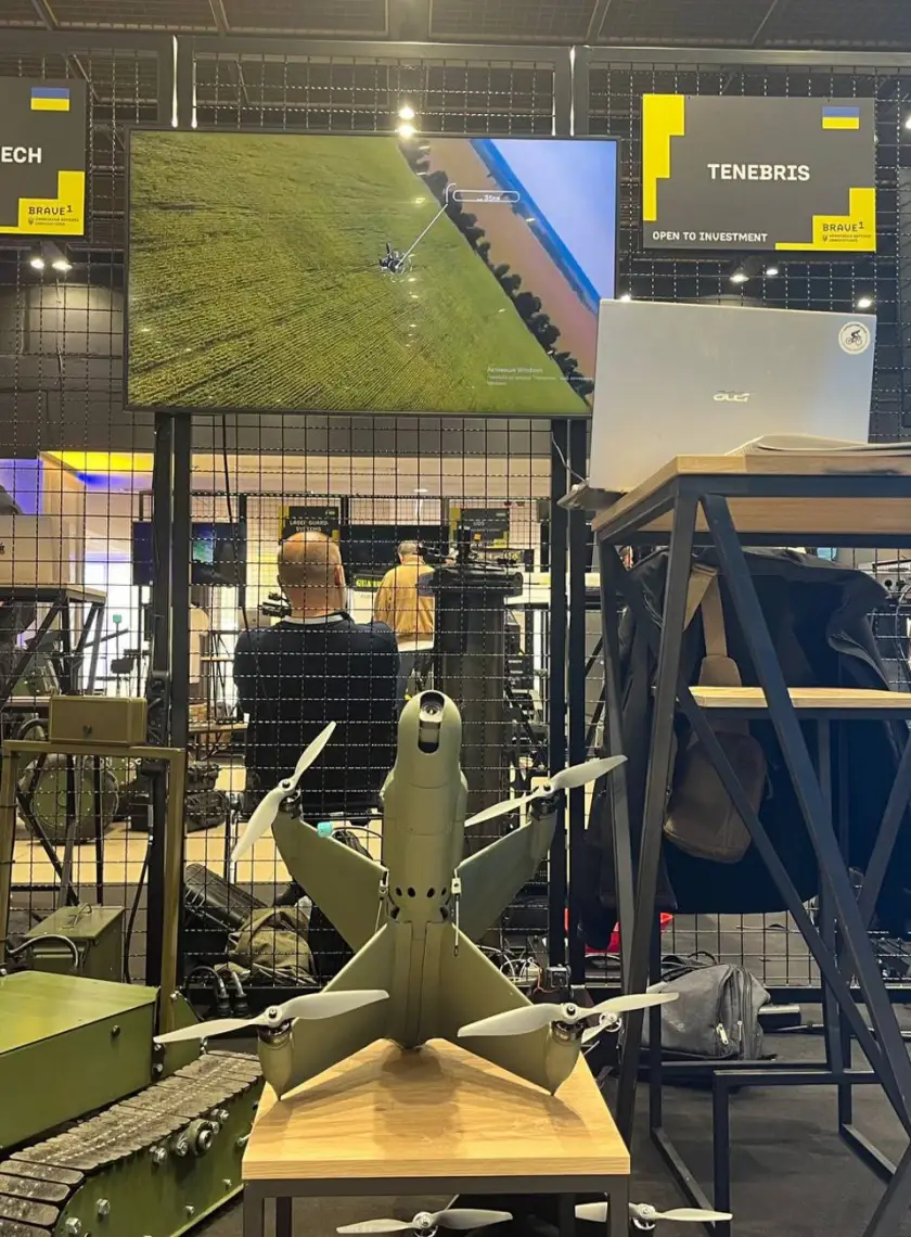 Bahnet interceptor drone on display at a defense exhibition.