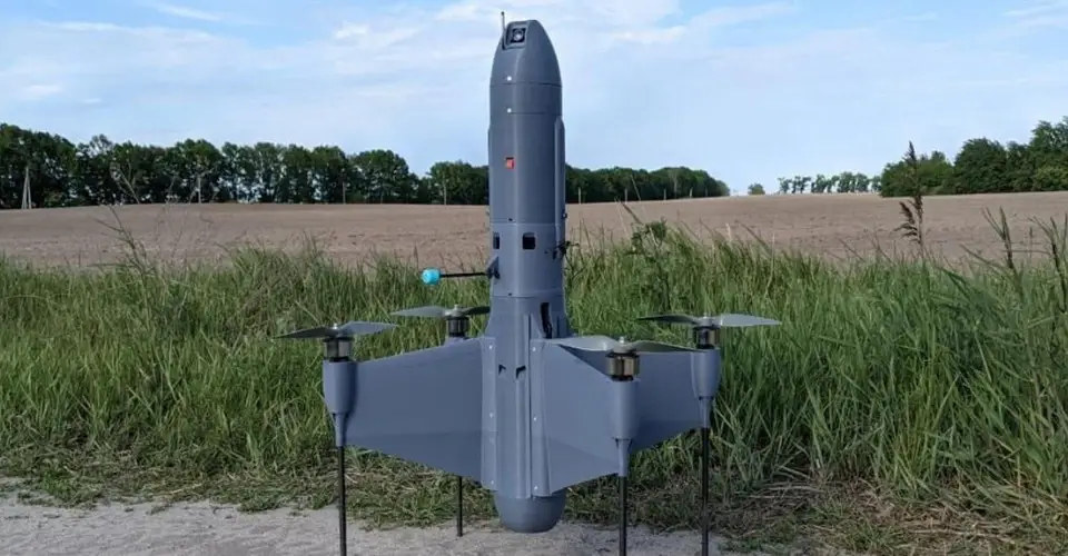 Bahnet interceptor drone close-up at a defense industry exhibition.